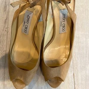 Ladies Jimmy Choo beige high sling back platform open toe suede shoes